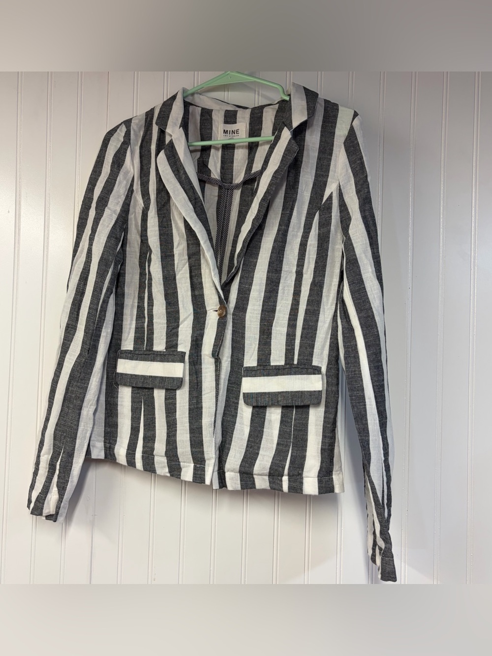 MINE Striped 100% Cotton Blazer in Gray & White Medium